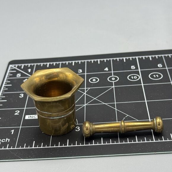 Vtg Solid Brass Mortar and Pestle Set Hexagon Top Shape Apothecary 1.5" T - Picture 2 of 9